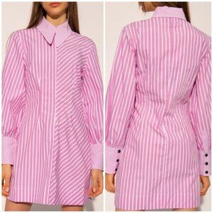 GANNI Pink & White Striped Puff Long Sleeve Zip Collared Mini Dress